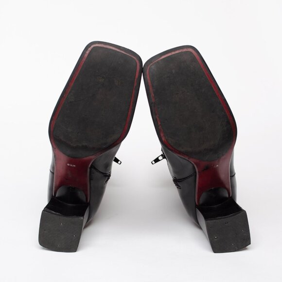 US 8.5 Women's Vintage 90s Black Leather Square Toe Chunky Heel Ankle Boots - Picture 5 of 7